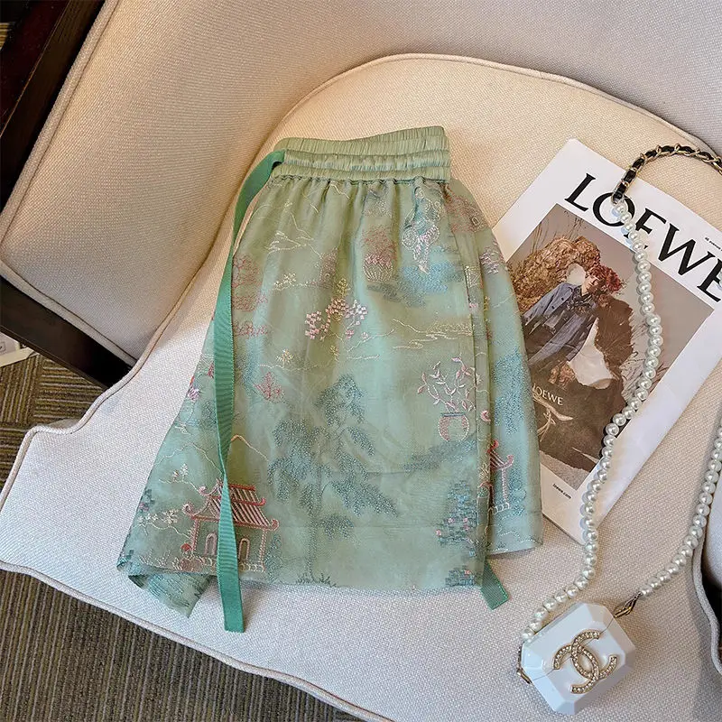 New Chinese Style Green Temperament Retro Embroidery Loose Women's Summer Mesh Jacquard Casual Shorts