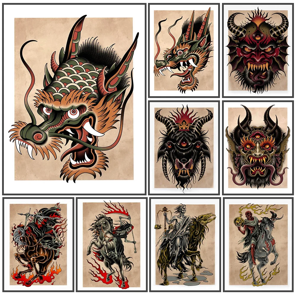 Retro Tattoo Style Canvas Wall Art Classic Grim Reaper Four Horsemen Dragon Eagle Vs Snake Devil Demon Head Mask Poster Print