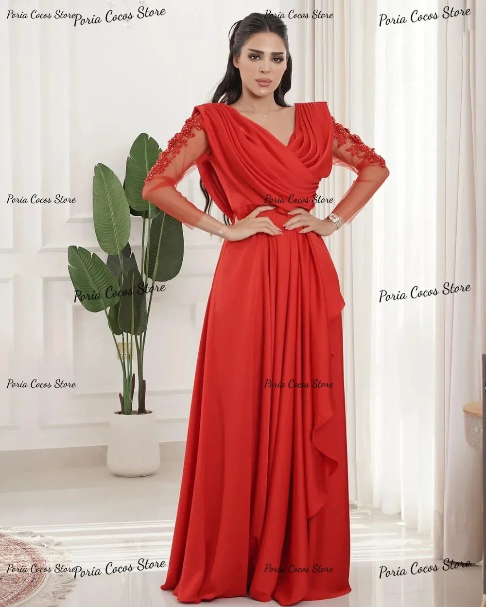 ثوب مسائي رقبة على شكل V وأكمام طويلة من الدانتيل على شكل حرف a فستان الحفلات فساتين شهرة فخمي فساتين للحفلات الراقصة