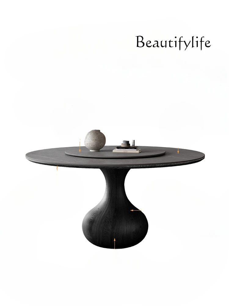 French retro wind rock slab dining table with turntable household Italian simple black solid wood dining table