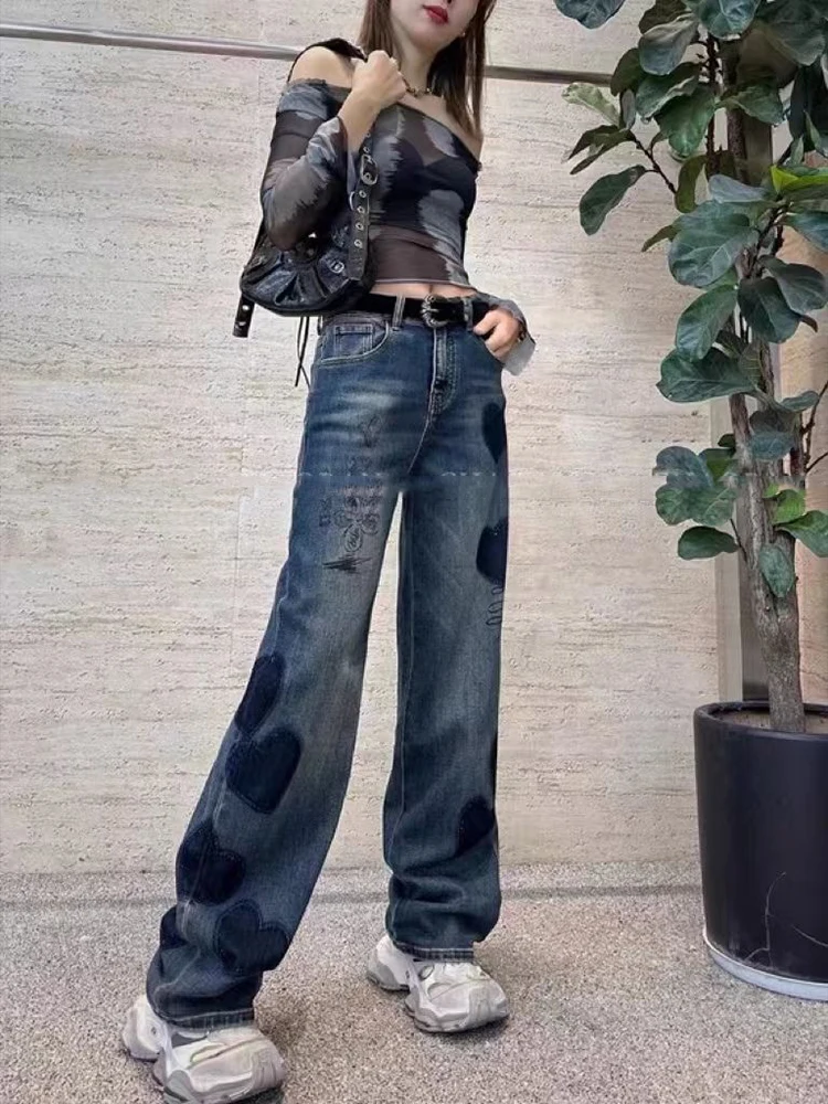 Retro jeans autumn new heavy embroidery heart-shaped fashion personality versatile high waist straight leg wide leg pants
