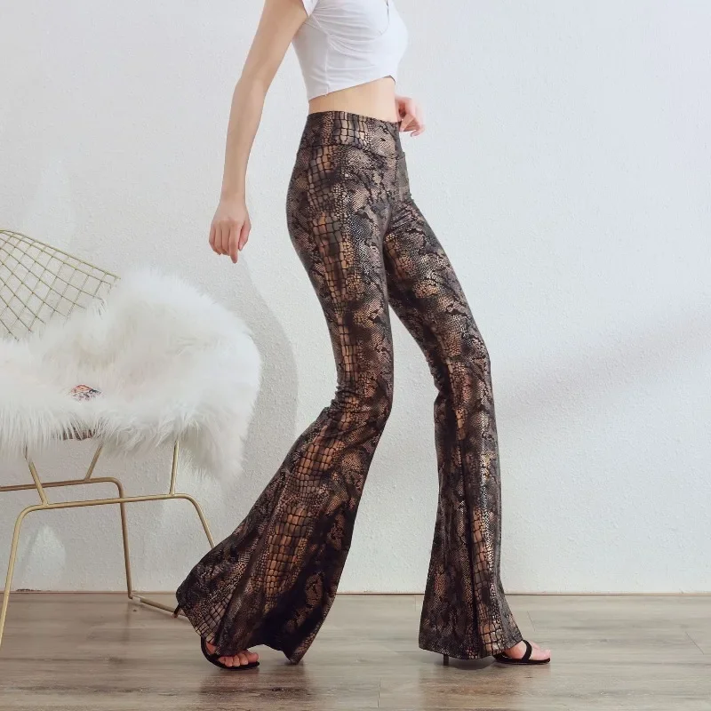 New Slim Hot Stamping Flare Pants High Waist Serpentine Leopard Shiny Long Summer Y2K Punk Gothic Grunge Woman Trouser Summer