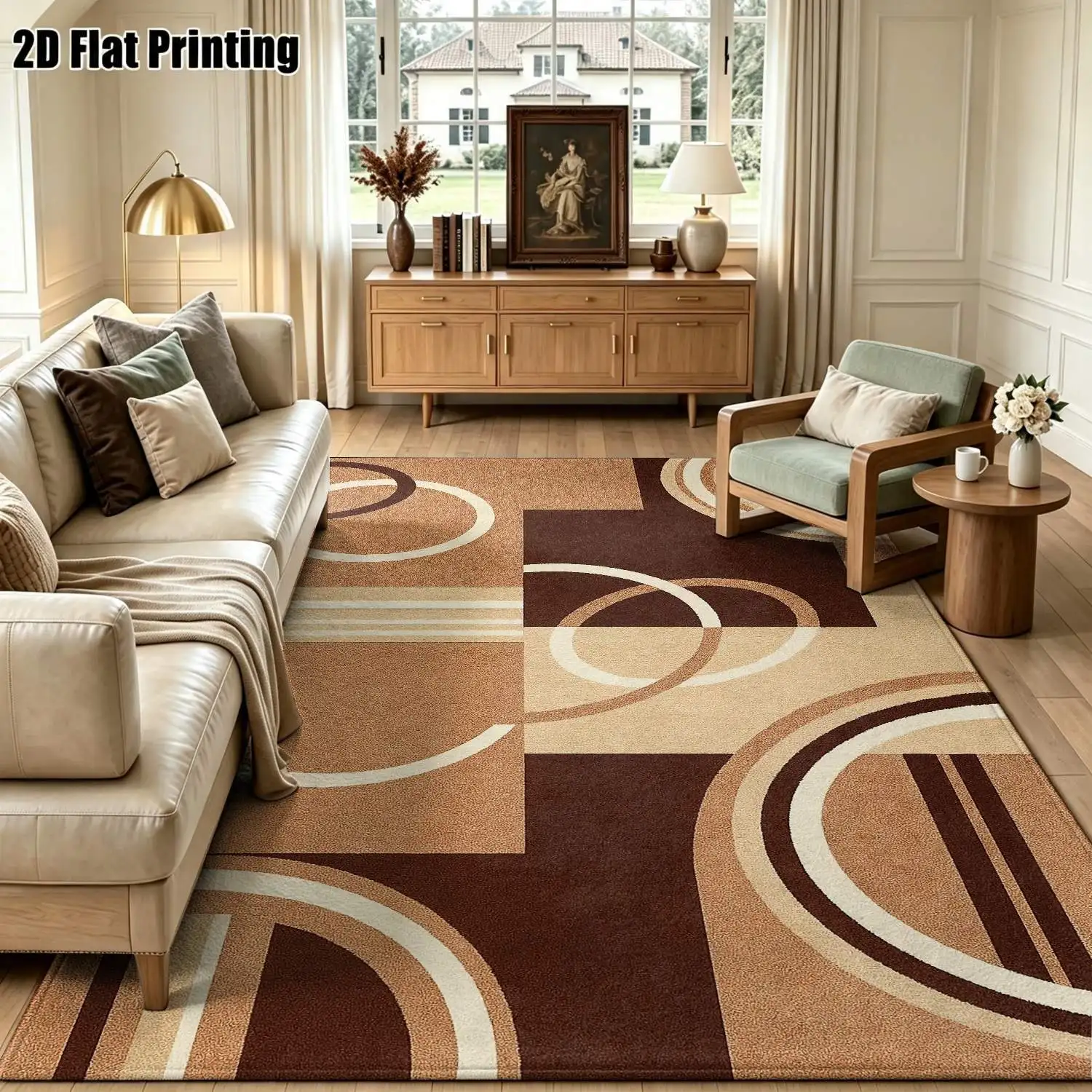 1Pc 2D Printed Brown-Beige Geometric Circle Pattern Carpet, Modern Minimalist, European Style, Vintage, Geometric Striped, Home Decor, Multi-Size, Machine Washable, Ideal for Entrance, Dining Room, Foyer, Bedroom, Living Room