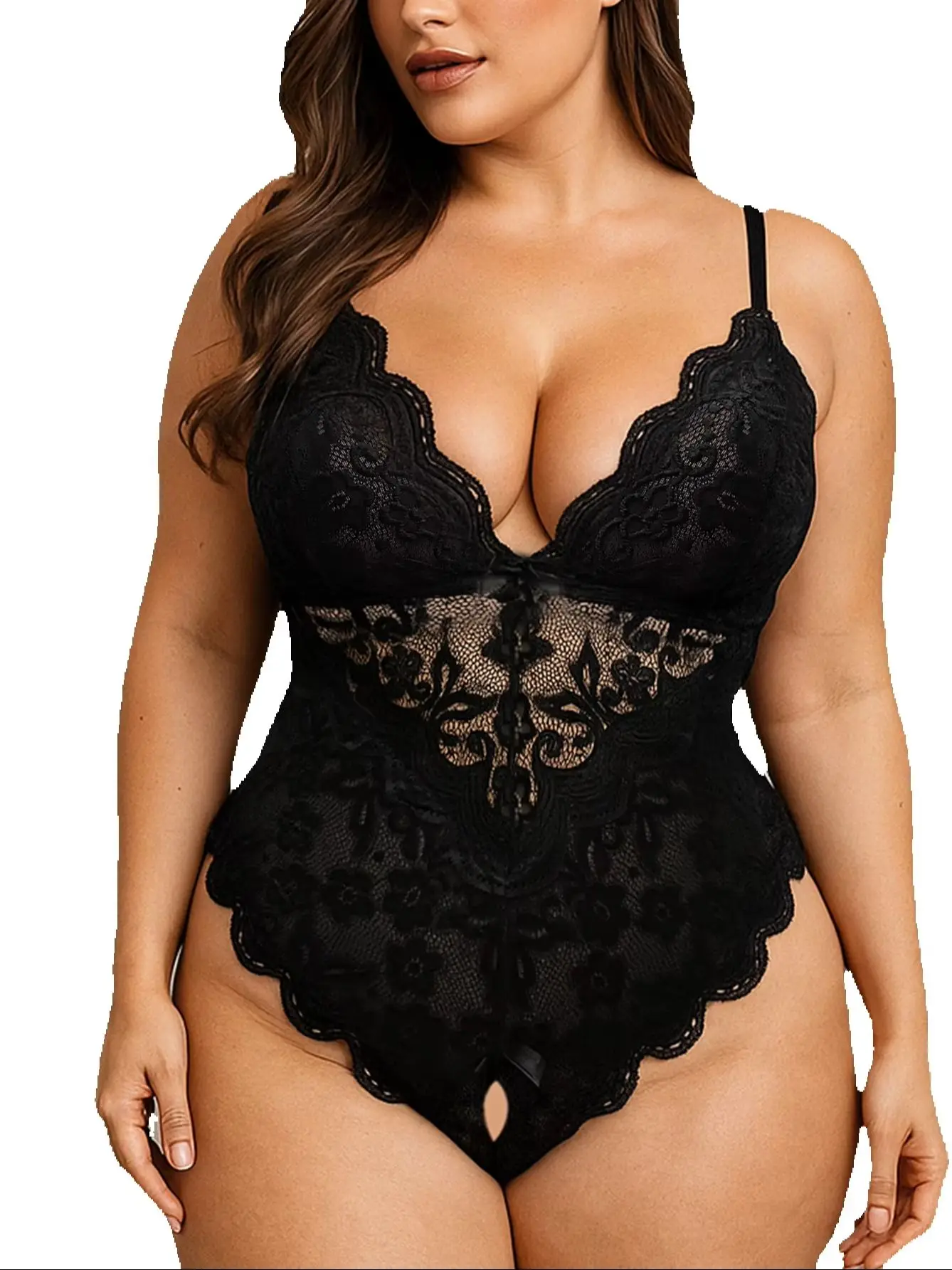 Women Plus Size Scalloped Teddy,Bodysuit,Sheer Lace Bodysuit Deep V Neck Crisscross Back Straps Scalloped Teddy