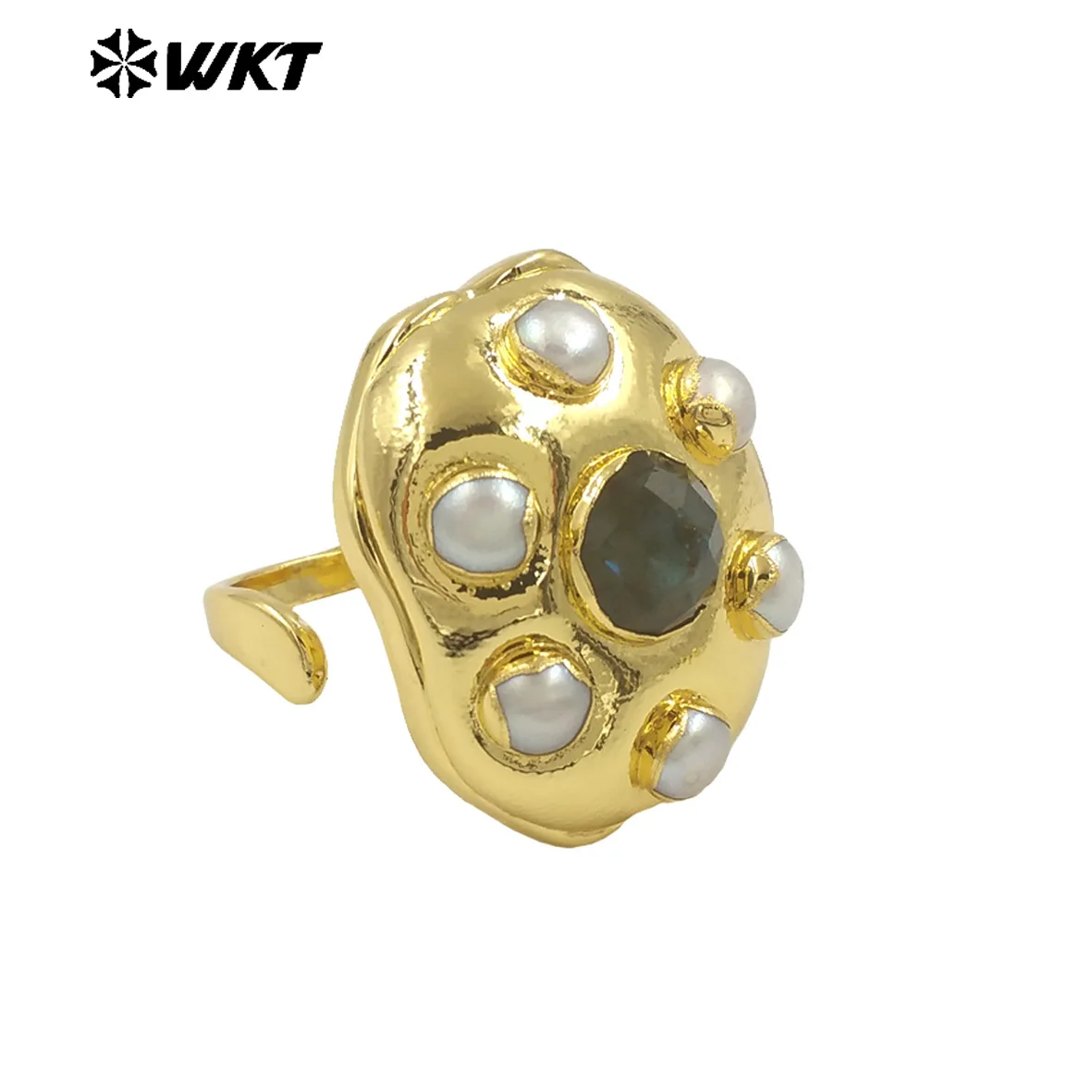 

WT-MPR115 Amazing Popular Fashion Gold Plated Adjustable Size With Six Pearls And Natural Stone Seting Cocktail Ring For Gift
