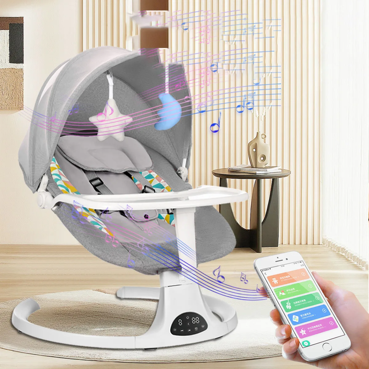 Baby Rocking Chair Remote Control Cot Electric Baby Swing Lounger Newborn Multifunction Baby Bassinet with Wireless, Food Tray