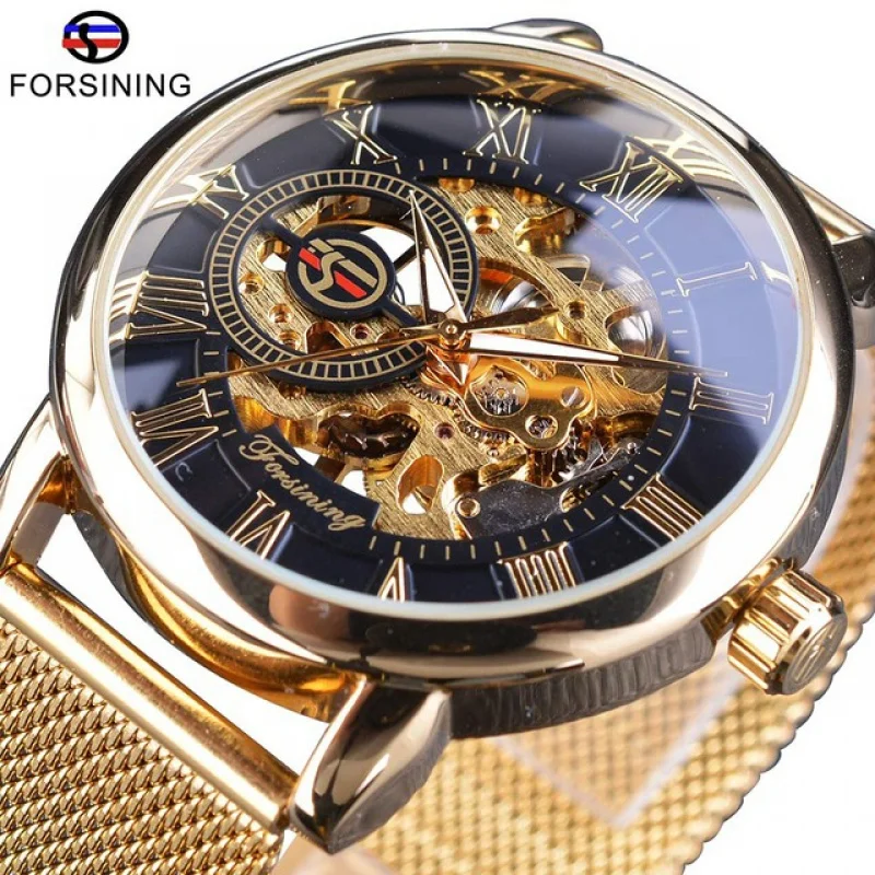 Free Shipping OUTLETSNew Product forsiningWatch Men's Fashion Casual Roman Digital Mesh Belt Hollow out Automatic Mechanical Wat