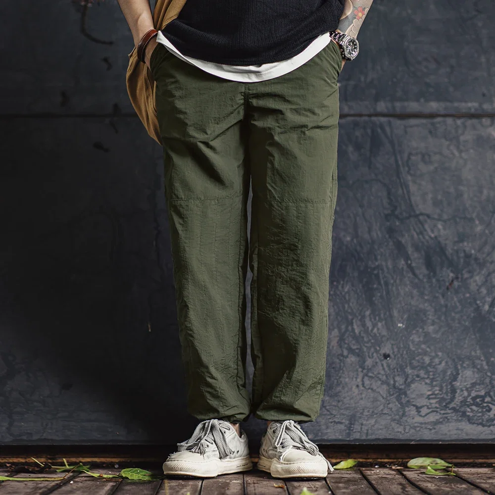 Maden Retro Thin Pants with No Elastic Waist and Braided Hemp Rope Elastic Leg Design Pants Green Straight Casual Pants for Men