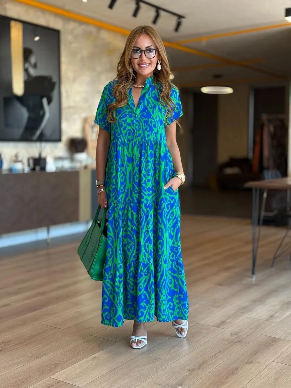 

Women's Printed Pullover Dress Casual Daily Splicing Mid Waist Half High Collar Spring Summer Short Sleeved Jumpsuit Long Skirt