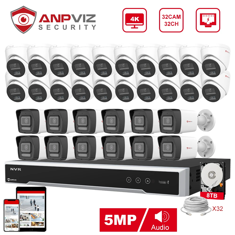 Anpviz 32CH 4K NVR 5MP POE IP Customized Camera Plug&Play System CCTV Outdoor Security Surveillance Kit Remote View H.265 IR 30m