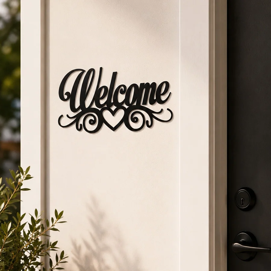 Welcome Door Sign Acrylic Mirror Wall Sticker Self Adhesive Home Decor Heart Script Design 20cm 30cm Width