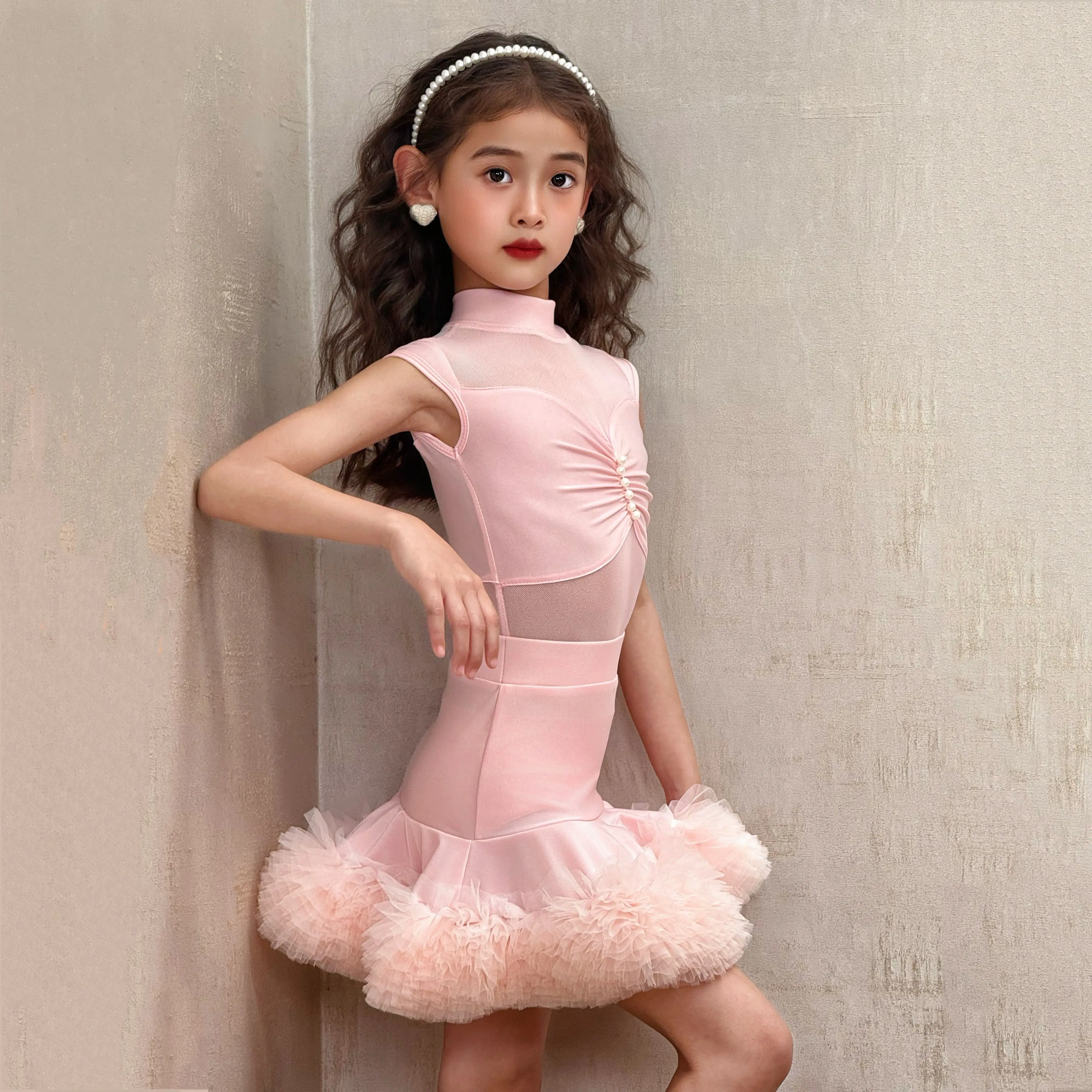 Vestido de dança latina para meninas 2025, verão, novo vestido de prática infantil de alta qualidade e conjunto de vestido de performance infantil