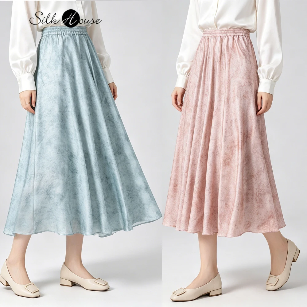 

Light Blue Blended 3.5-meter Large Swing 21NM 93% Natural Mulberry Silk Elastic Satin Diagonal Cut Women's Fashion Skirt