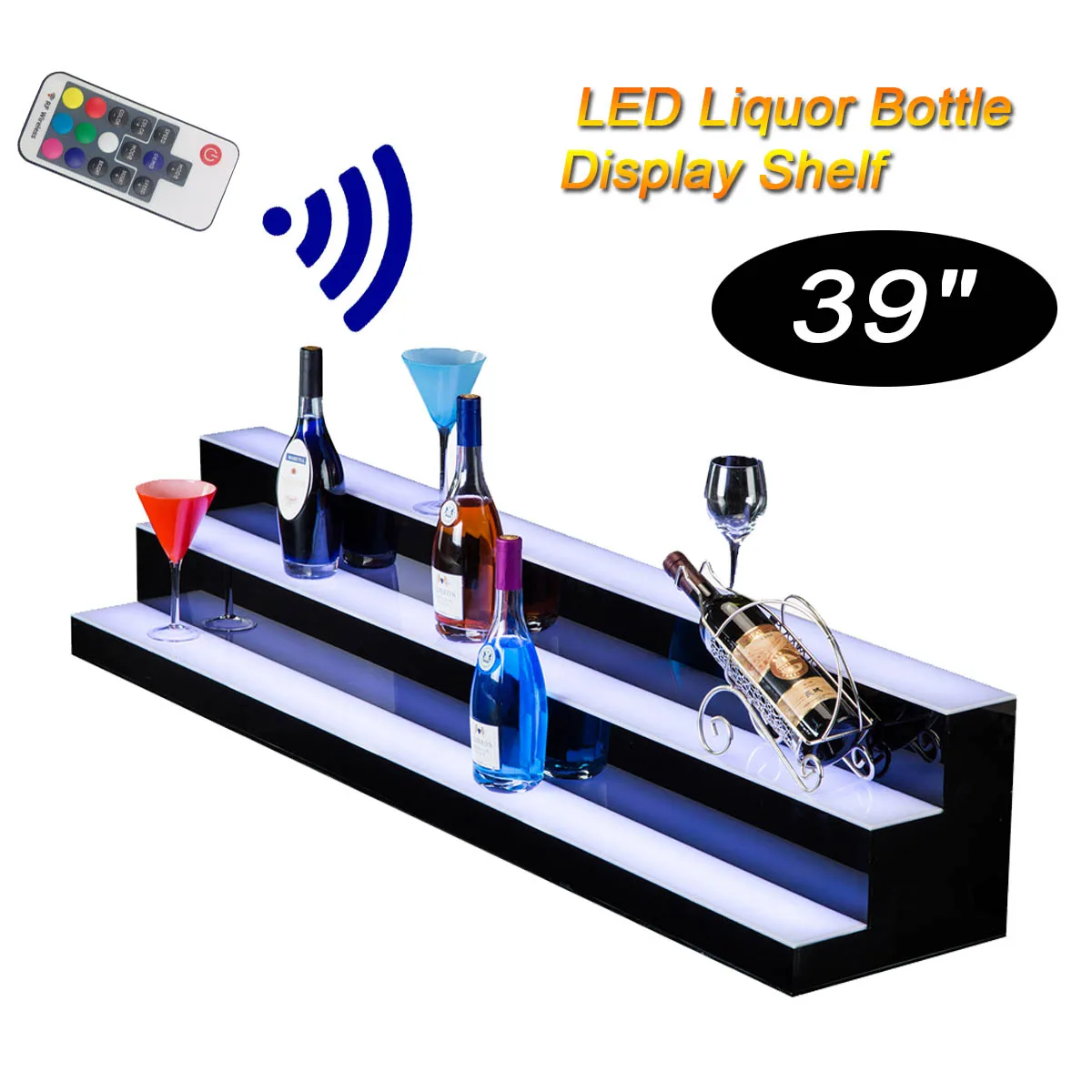 Estante de barra iluminado LED de 3 niveles, estante de exhibición de botellas de vino de Club, barra trasera brillante, estante de exhibición de botellas de licor, 7 colores, 39"