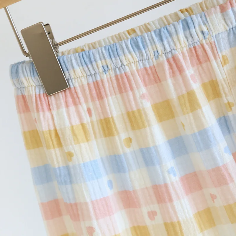 2025 Frühjahr/Sommer Neue frauen Pyjama Set 100% Baumwolle Crepe Kragen Liebe Plaid Langarm Lange Hosen Hause kleidung Set Damen