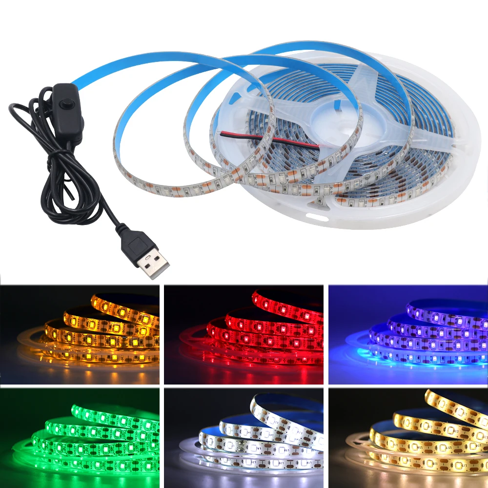 5V USB Led Strip SMD 2835 White/Warm White/Red/Blue/Green /Pink/Yellow 50CM 1M 2M 4M 5M Flexible Ribbon Tape Backlight