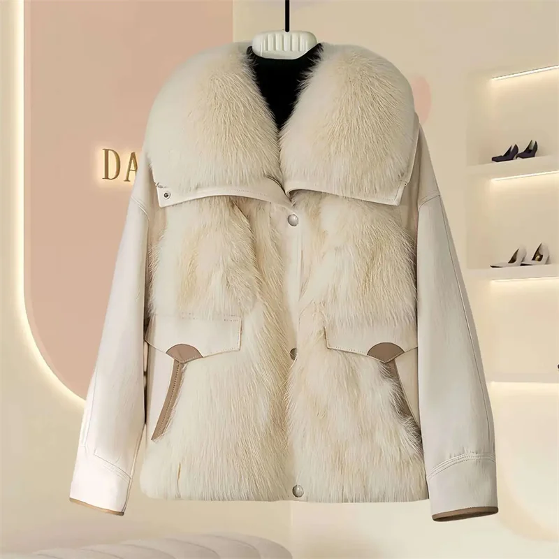 2025Autumn/Winter New Fur Outcoat Women Off White Temperament Flip Collar Fur Coat Fashion Add Thickened Fur One Piece Girl Top