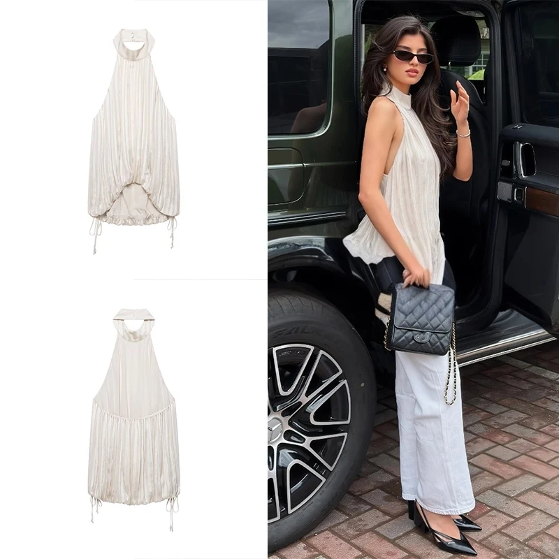 Guobioziy Women's Ruched Halter Top 2026 Summer New Beige Casual Fashion European＆American Daily Wear British Style Versatile