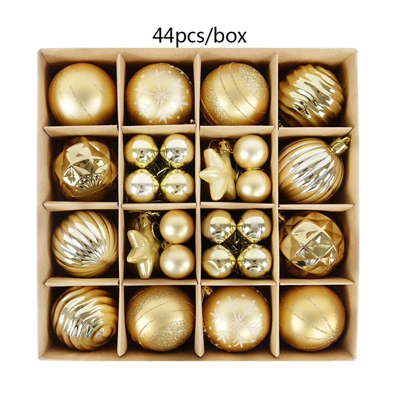 44Pcs Gold Plastic Christmas Balls Assorted Christmas Baubles Xmas Tree Snowflake Ornament 2023 New Year Decoration Noel Bombki