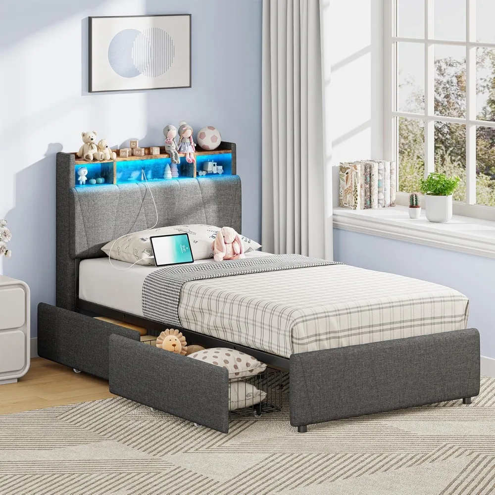 

Twin Bed Frame with 2 Storage Drawers, Charging Station & LED Lights, Upholstered Platform Twin Bed with Storage Headboa