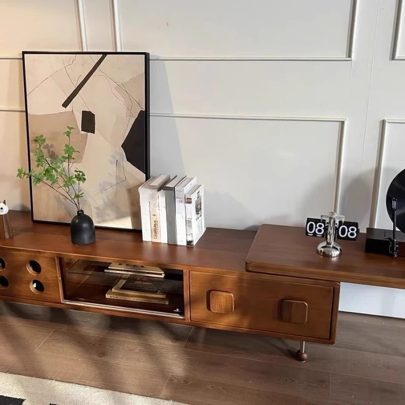 

Living room TV cabinet, small apartment telescopic solid wood storage cabinet combination, French retro home medieval floor t