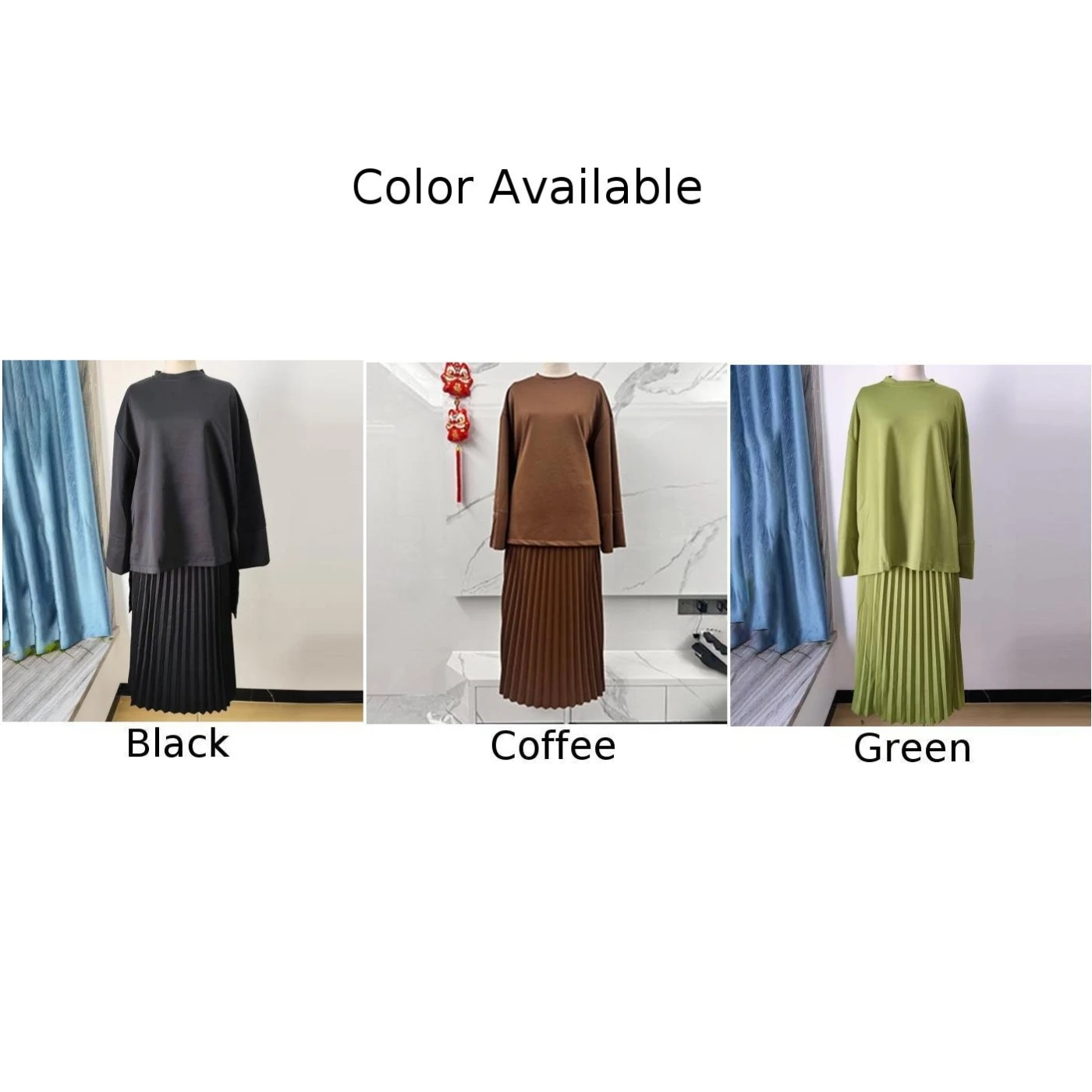 طقم نسائي خريفي أنيق بأكمام طويلة وتنورة مطوية على شكل حرف A مكونة من قطعتين