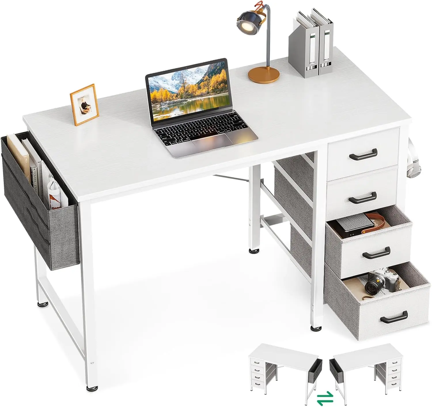 Casaottima 32-Inch Small Computer Desk With 4 Fabric Drawers — Home Office Desks With Storage, Writing Desk With Side Hook And