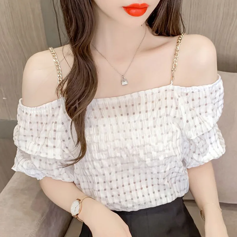 Stylish Slash Neck Loose Folds Backless Puff Sleeve Blouse Women Clothing 2023 Summer New Casual Pullovers All-match Sweet Shirt