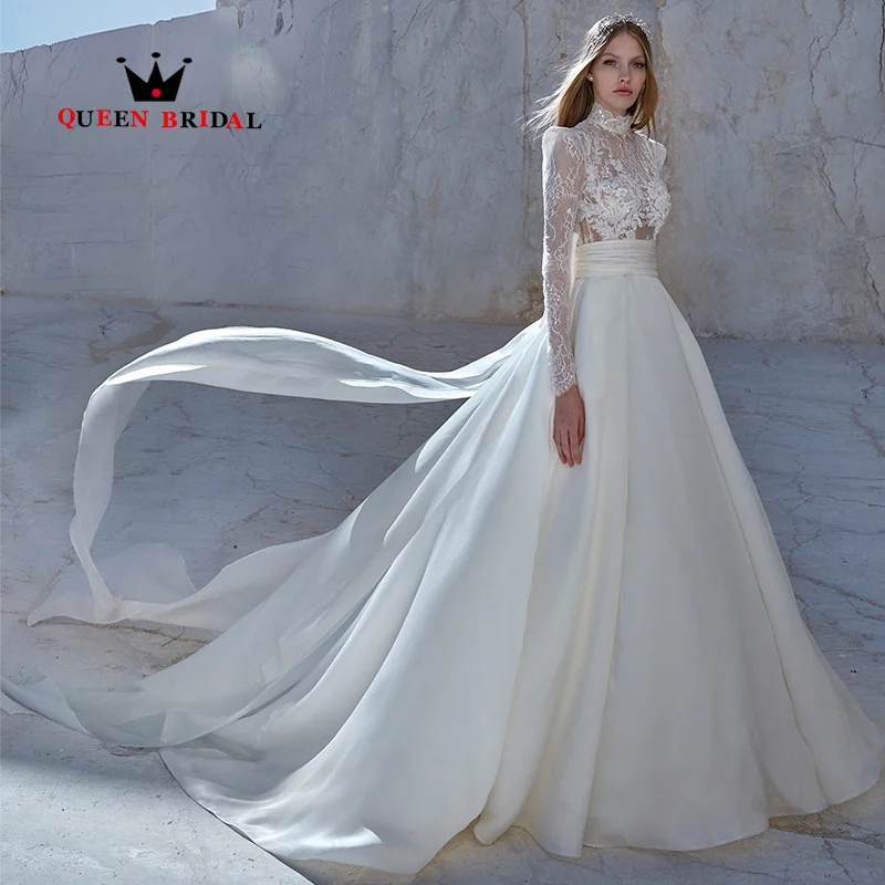 Long Sleeve Illusion Wedding Dresses 2024 High Neck Sequined Beading Lace Pleat Bridal Gowns Vestido De Noiva Custom Y20H