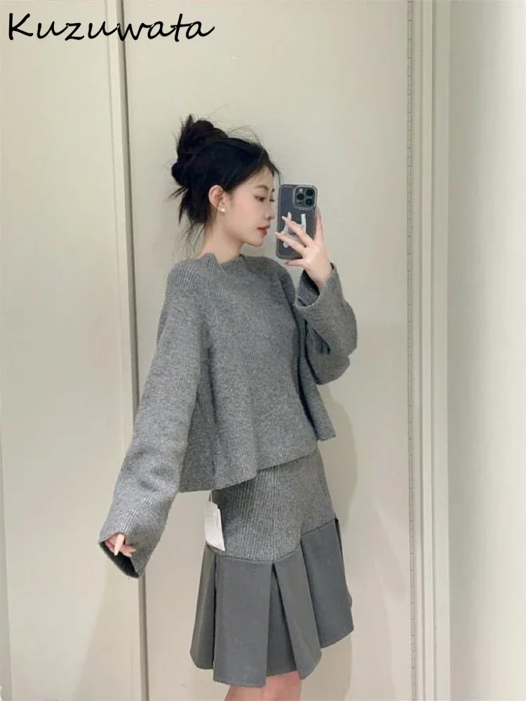 Kuzuwata Half-high Collar Long Sleeve Sweet Sets Pullovers+knit Patchwork Ruched Slim Fit Skirt Japan Moda Elegant Suits Faldas