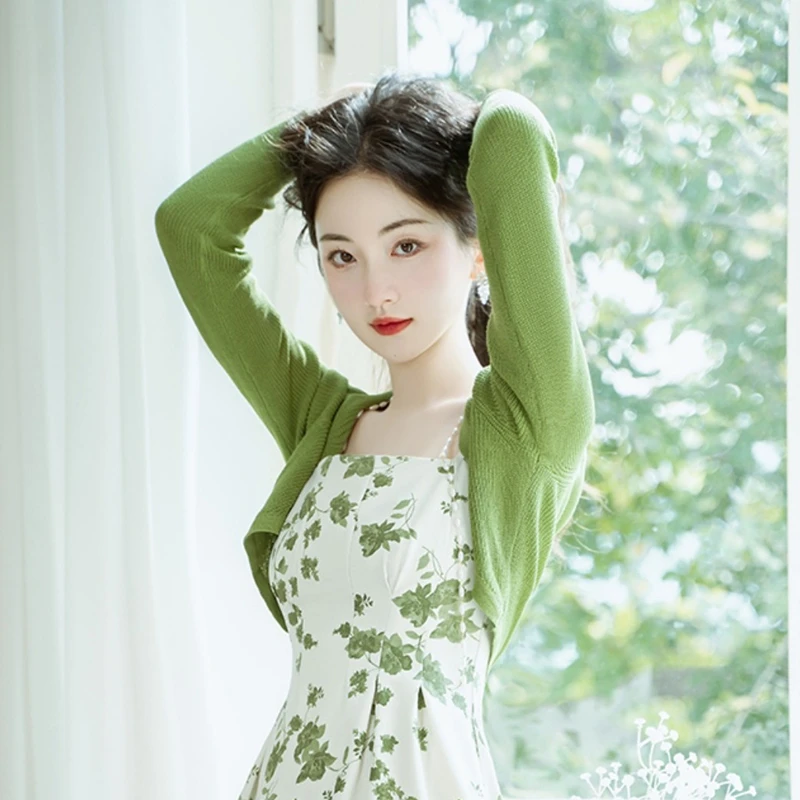 Women Summer Chic Green Dress 2023 Korean Lady Graceful Print Camisole Dress Knit Shirt 2 Piece Set Sunscreen Tops Dresses Suits