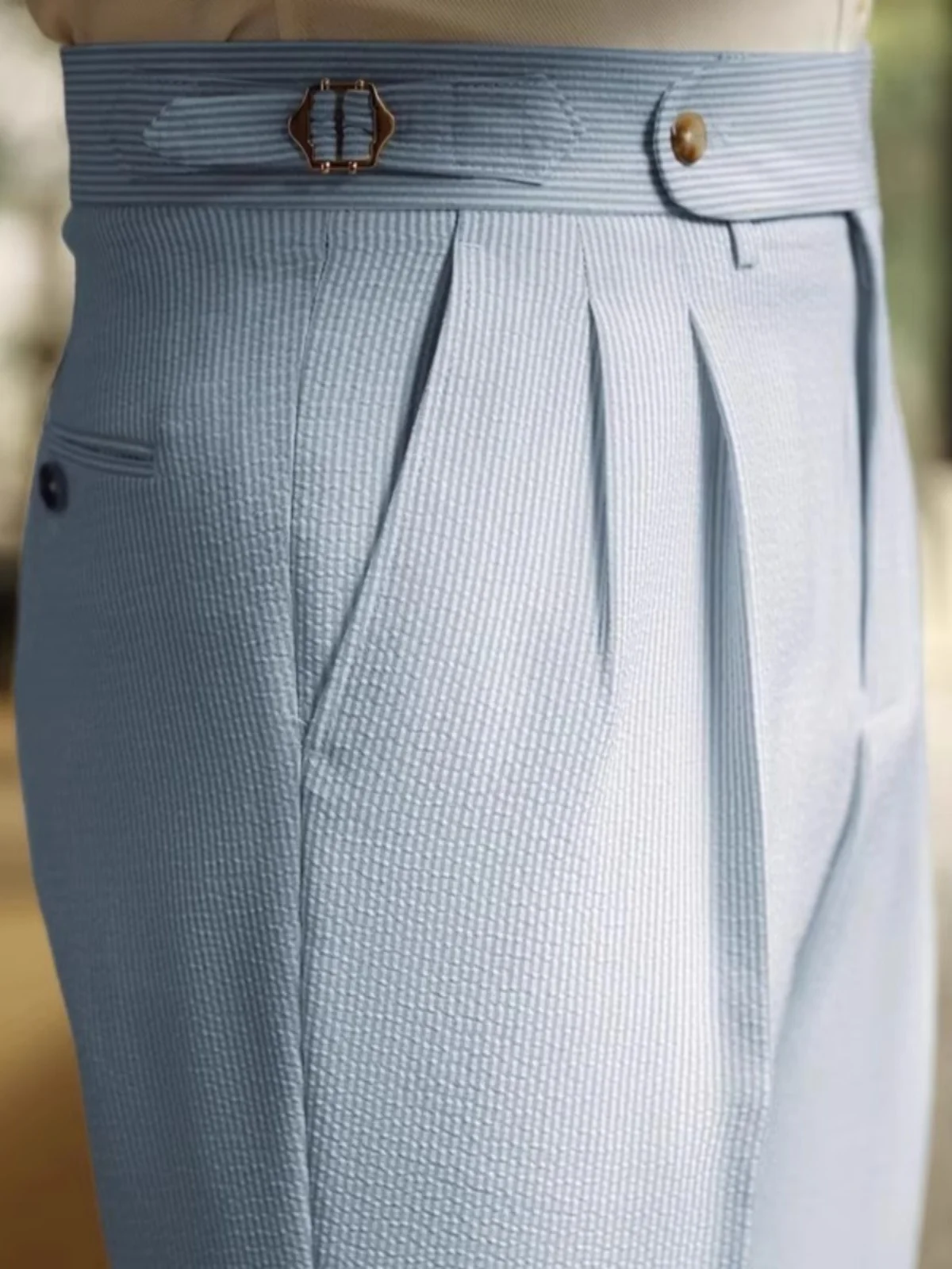 

Мужские летние брюки в итальянском стиле из ткани Bubble Cloth, с пуговицами Paris, синими полосками Naples, высокой талией, прямого кроя, в британском повседневном стиле.