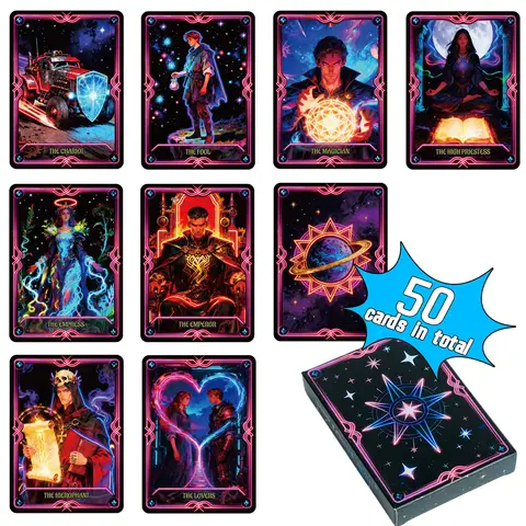 50Pcs/Pack Cyberpunk Style Tarot Game Cards Neon Sci-Fi Magic Theme Fun Table Game Cards for Party Gathering Entertainment