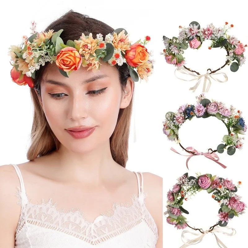 

New Style Spring Bohemian Flower Crowns Beach Hawaii Floral Garland Romantic Faux Rose Wedding Wreaths New Flower Headband