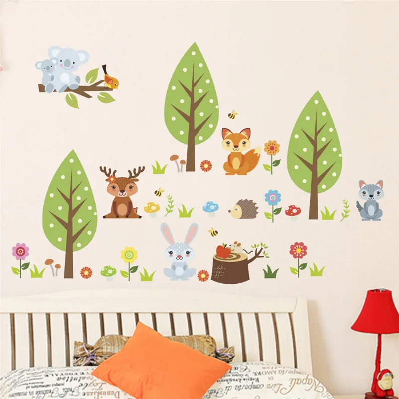 Cute Forest Animal Tree Wall Sticker For Kids Room Bedroom Decoration Bunny Squirrel Safari Mural Art Diy Pvc Home Decal