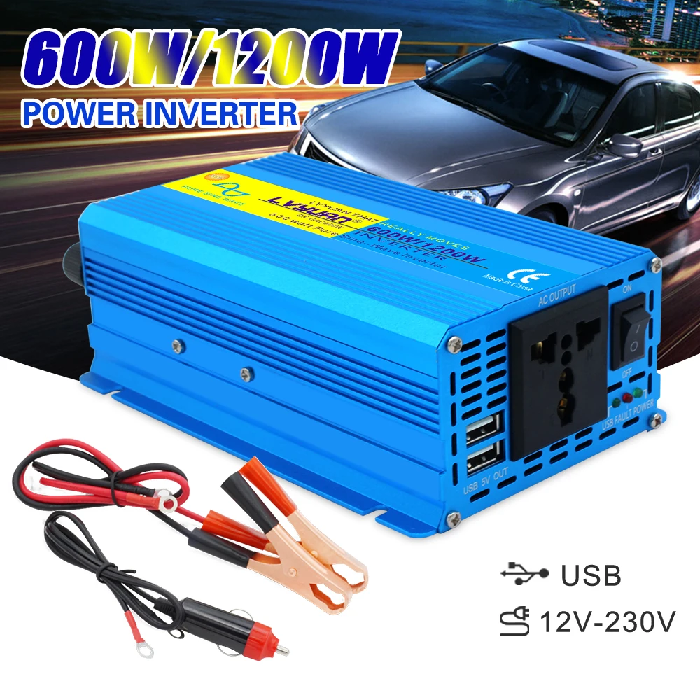 

Inverter 1000W 1200W 2000W Pure Sine Wave 12V 24V DC to 110V 220V AC 60Hz voltage Converter Protable Dual USB UN/EU/US Socket