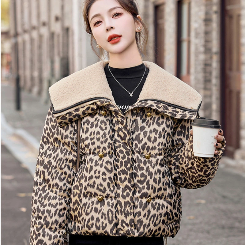 

Women's Leopard Print Lapel Short Down Jacket, Lambswool Lapel Coats, Warm Outerwear, Trendy High Street Jacket, Winter