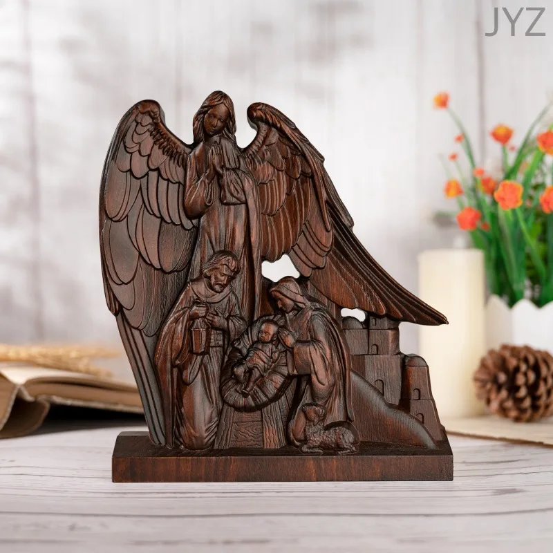 Creative Holy Family with Guardian Angel Statue, Wooden Nativity Ornament, Catholic Religious Statue, Home Decor