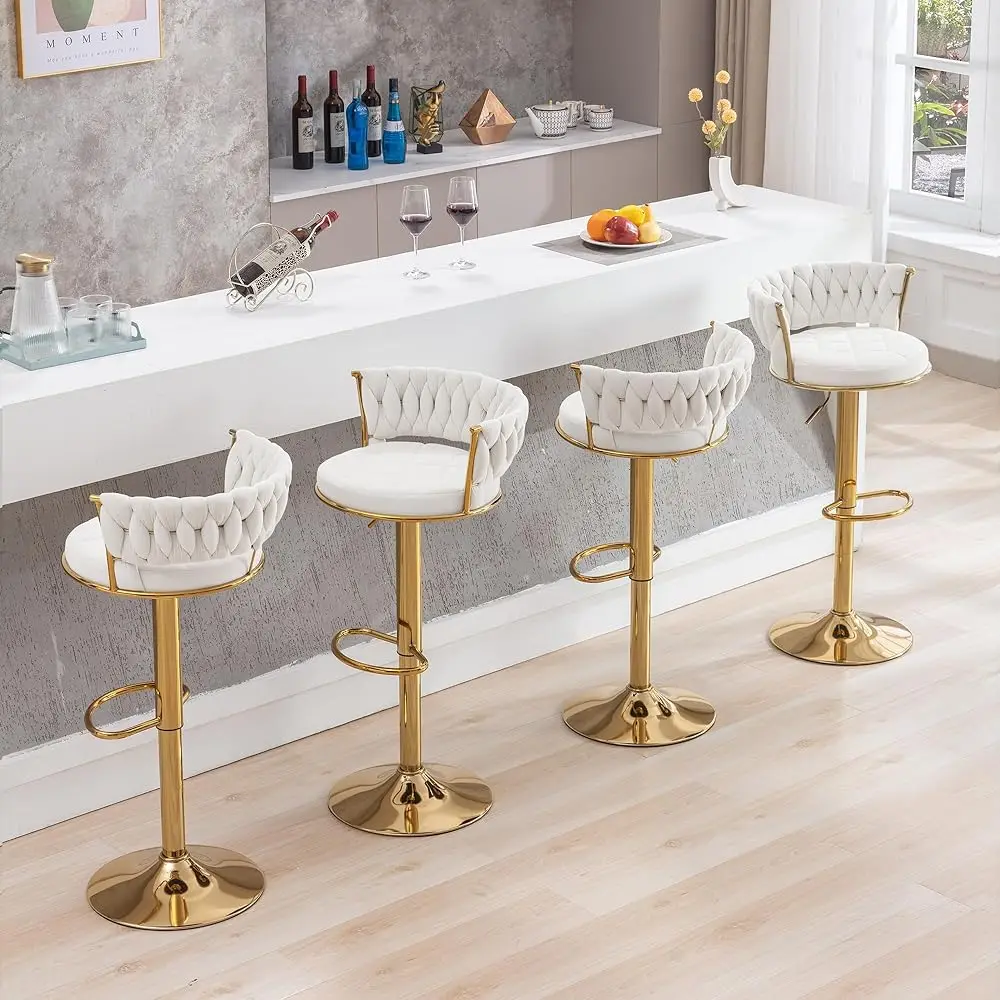 

Bar Stools, Velvet Swivel Bars Stoolses Set of 4, Adjustable Counter Height Bars Chairs with Woven Bar Stools for Kitchen Island