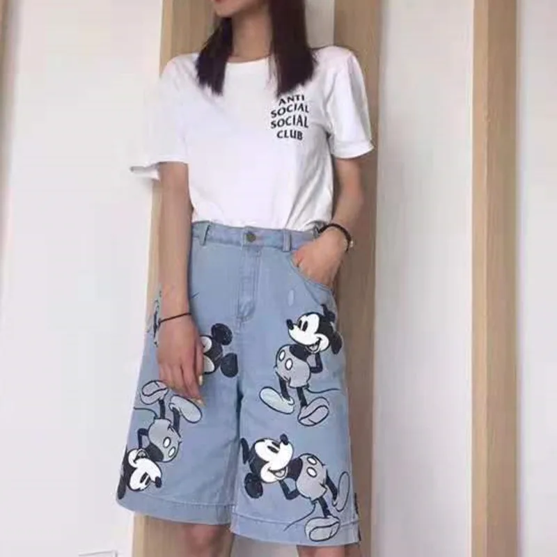 Summer New Disney Mickey Printed Loose Straight Wide Leg Denim Pants High Waist Short Jeans for Men and Women Casual Shorts