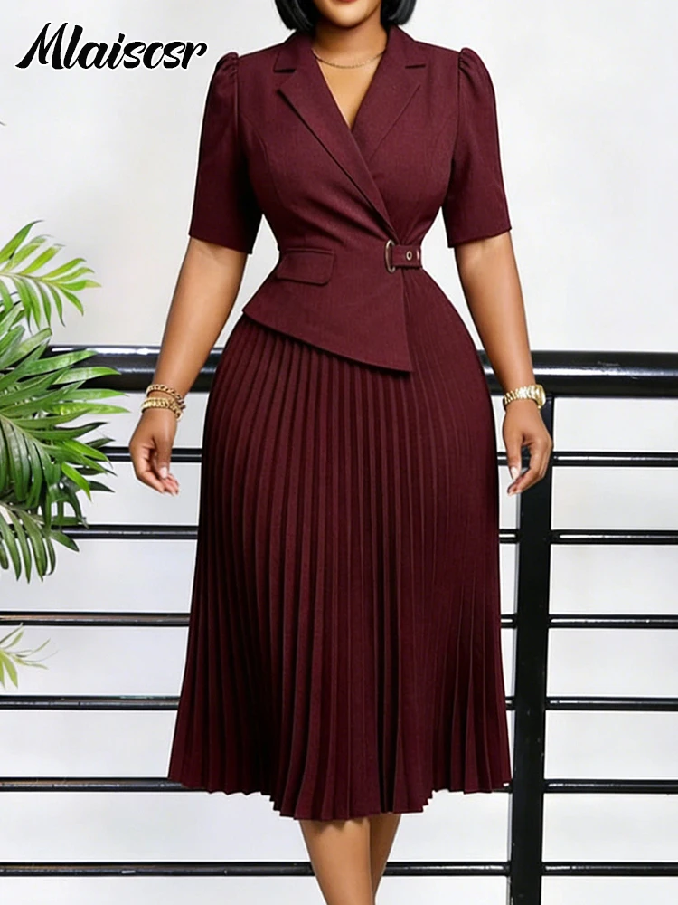 

Mlaiscsr African Blazer Dress for Women Burgundy Pleated Midi Work Dresses with Short Sleeve Lapel V Neck Elegant Formal Office