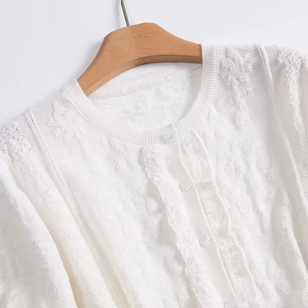 Willshela Camicia da donna lavorata a maglia bianca alla moda girocollo maniche corte Camicetta Mujer casual da donna chic femminile