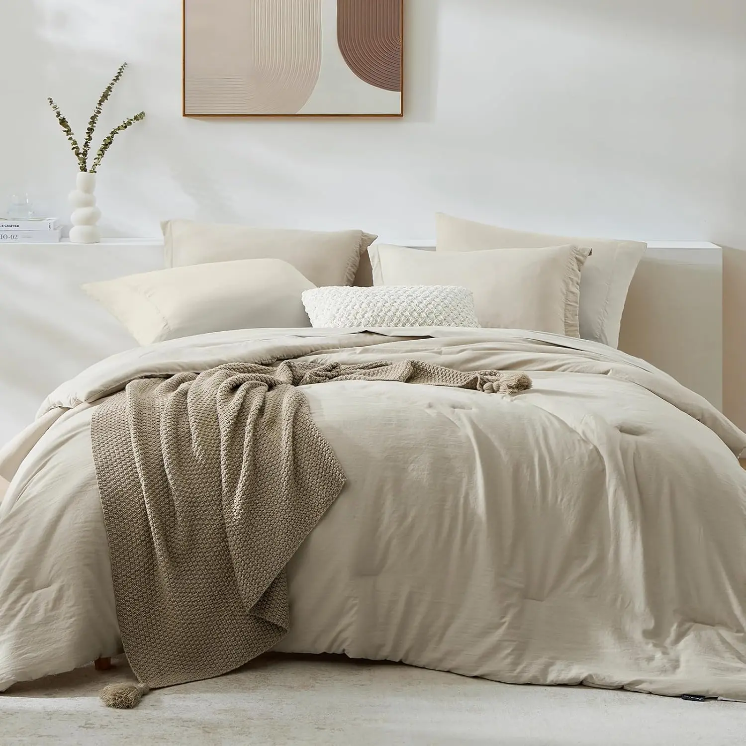 

7-Piece Queen Comforter Set, Soft Microfiber, Light Oatmeal, All-Season Bedding with Fitted Sheet & Pillow Shams