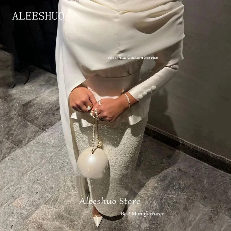 Aleeshuo-فستان سهرة عربي من الساتان للنساء ، فستان سهرة بأكمام طويلة وشرابة ، رقبة قارب ، طول الكاحل ، لون أبيض ، 2024