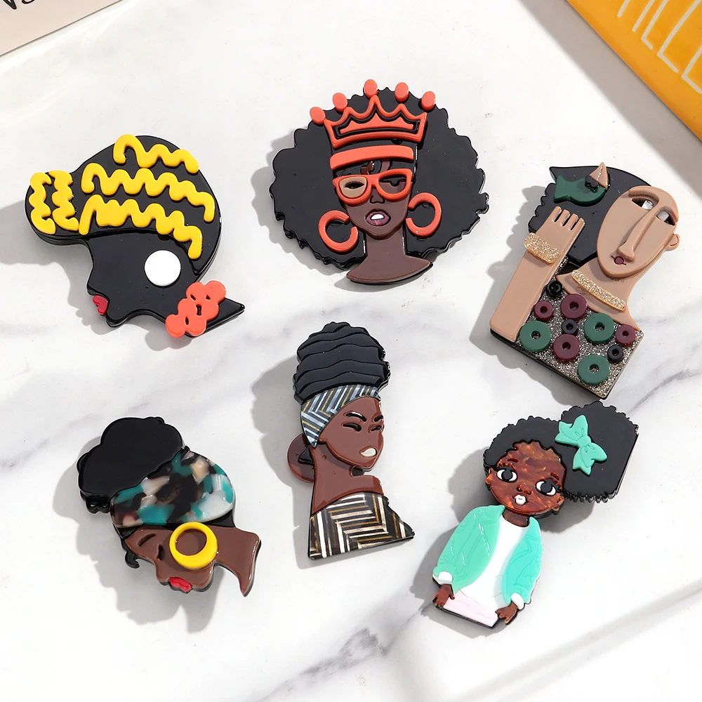 

New Acrylic Black Lady Brooches for Women Fashion Cute African Female Figure Badges Pins Funny Jewelry Casual Accessories Gifts