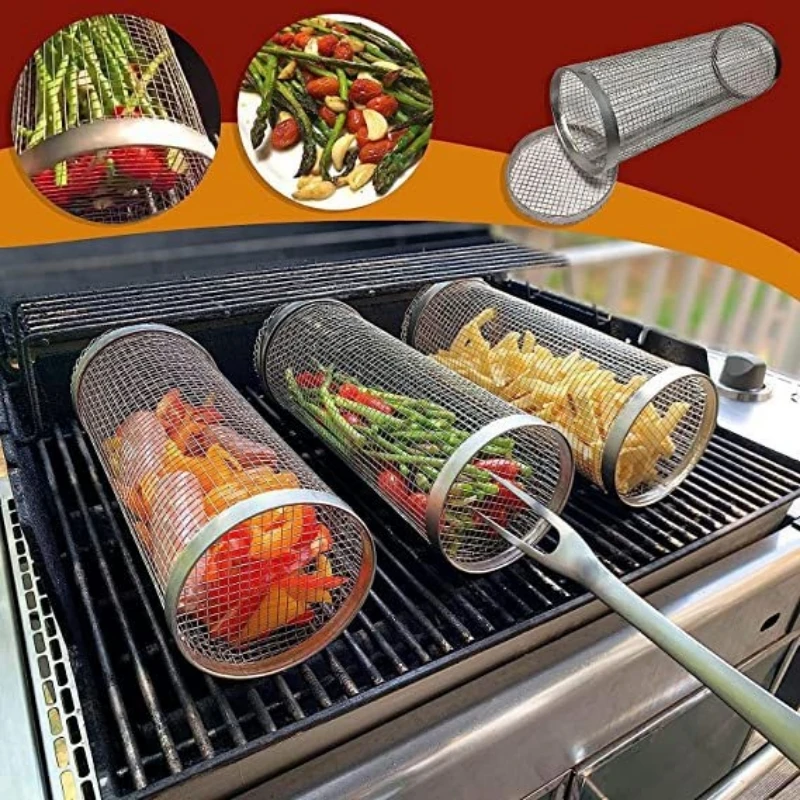 1 Pack Stainless Steel BBQ Basket Mesh Rolling BBQ Cage Outdoor Camping Cylindrical Grill Grill Camping Cooking Accessories