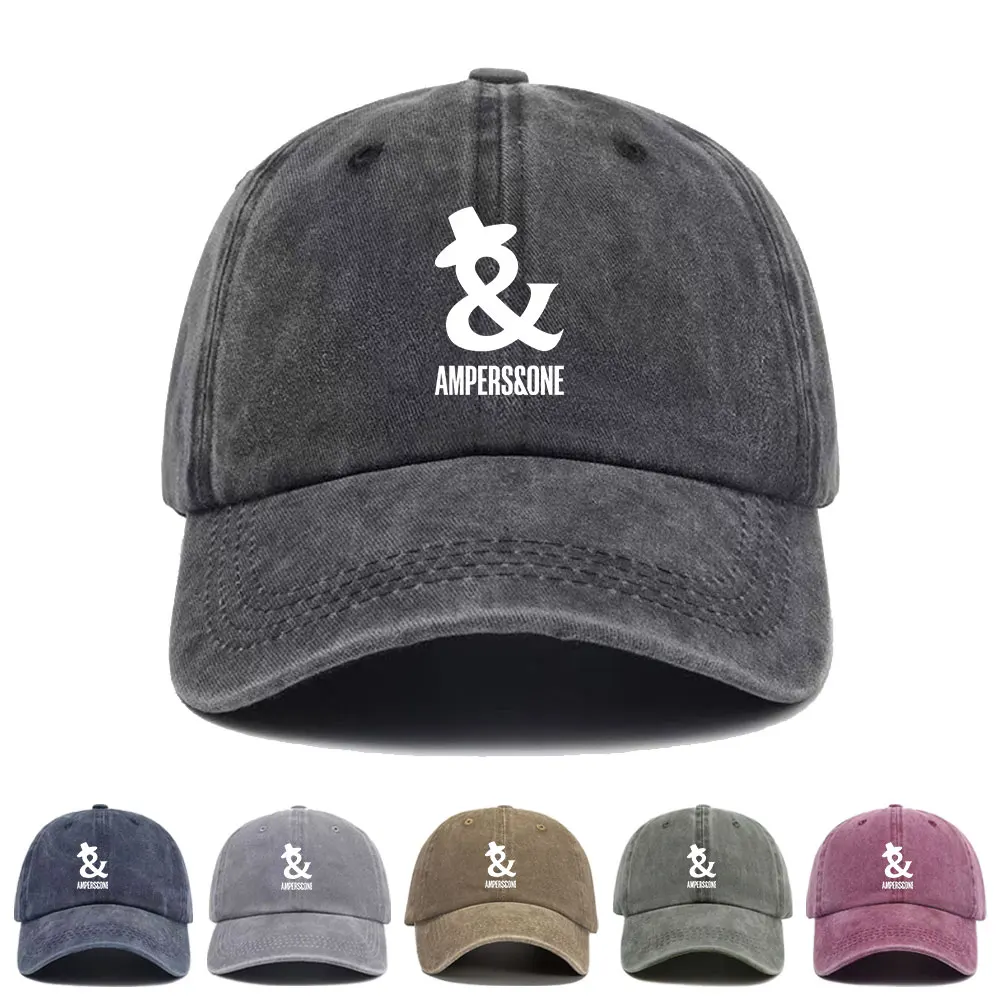 Kpop AMPERS&ONE Baseball Cap Washed Printed Trucker Style Unisex Cotton Streetwear Korean Fashion Summer Sun Hat
