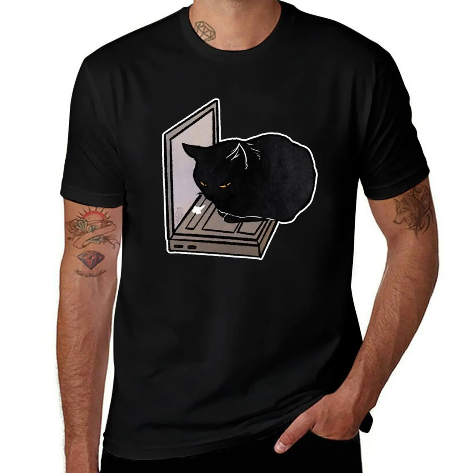 

Black Cat on Laptop Funny Black cat at Work T-Shirt man t shirt cotton t shirts designer T-Shirt