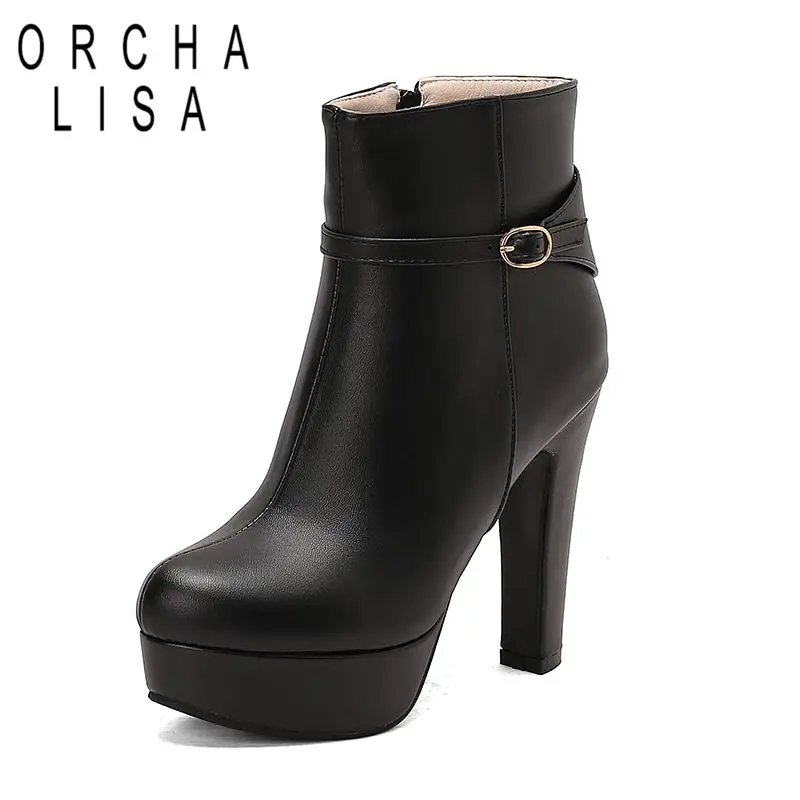 

ORCHA LISA 2025 Fashion Dating Women Ankle Boots Round Toe Block Heels 12cm Platform 3.5cm Zipper Belt Buckle Plus Size 48 49 50