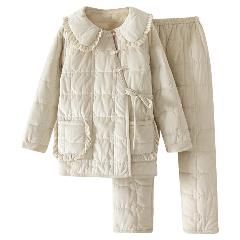 2025 حار بيع جديد مائل طوق دمية طوق المرجان الصوف سترة قطن وسراويل سميكة المنزل قطعتين مجموعة للنساء #5